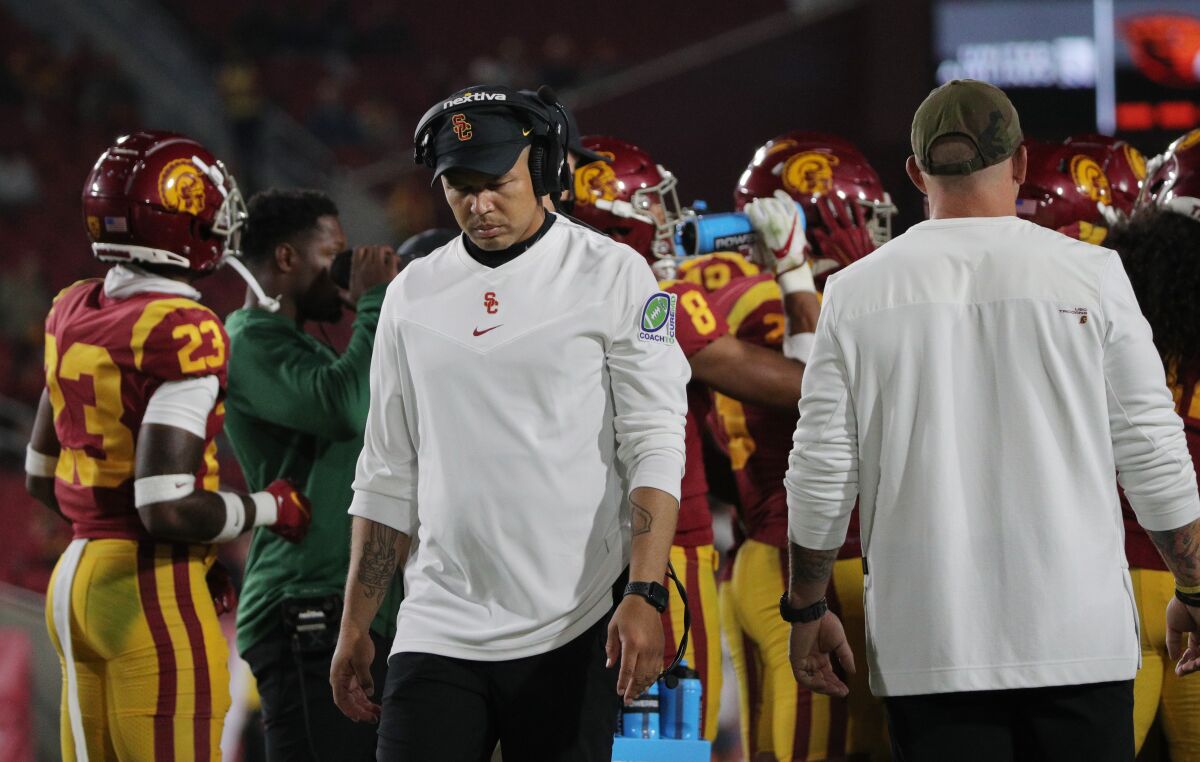 USC interim head coach Donte Williams looks down in the closing moments of a loss to Oregon State