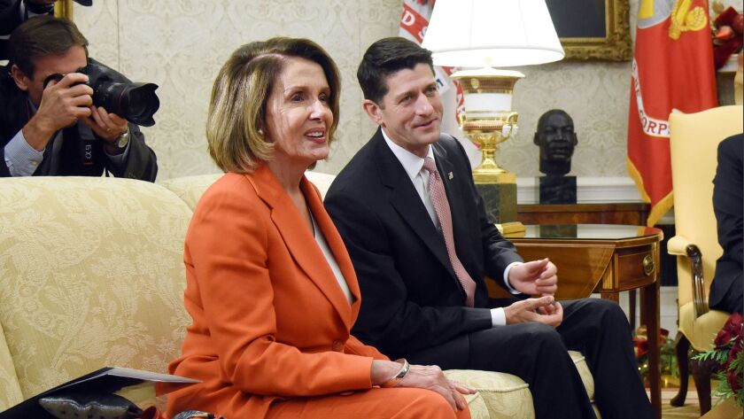 The prospects for another government shutdown rest largely with House Minority Leader Rep. Nancy Pelosi (D-San Francisco) and House Speaker Paul Ryan, (R-Wis.), shown attending a meeting in the Oval Office of the White House Dec. 7.
