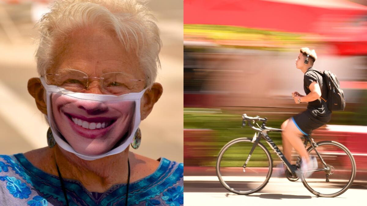 On State Street, some Santa Barbarans sports masks, some not.