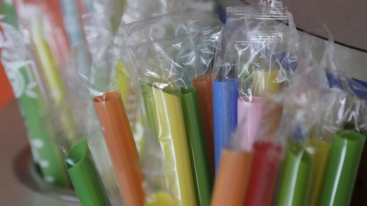 Plastic straws seen at a bubble tea cafe in San Francisco.
