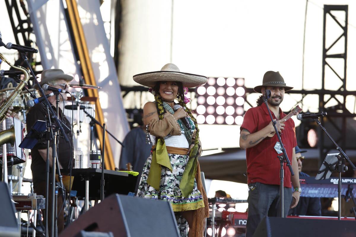 Lila Downs, who once followed the Grateful Dead from concert to concert, performed at the Riseup as One bi-lingual live music event at the Cross Border Xpress in Otay San Diego in 2016. (Alejandro Tamayo/Union-Tribune)