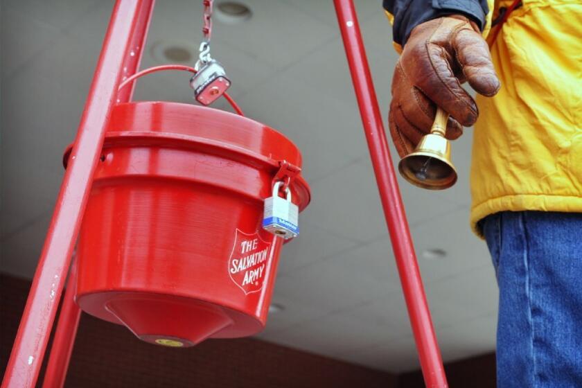A Salvation Army donation kettle in Wichita Falls, Texas. A new UCLA report shows that fewer than half of all L.A. County residents give to charity.