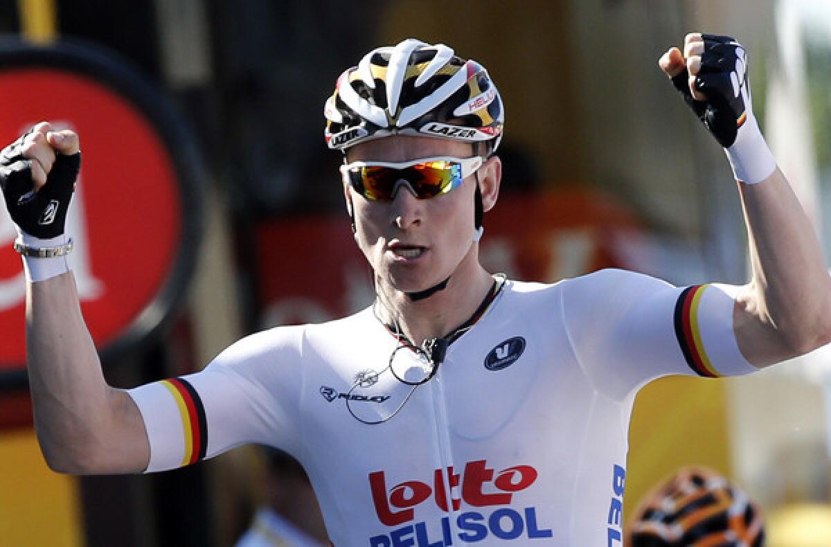 Germany's Andre Greipel celebrates as he crosses the finish line at the end of the sixth stage of the Tour de France on Thursday.