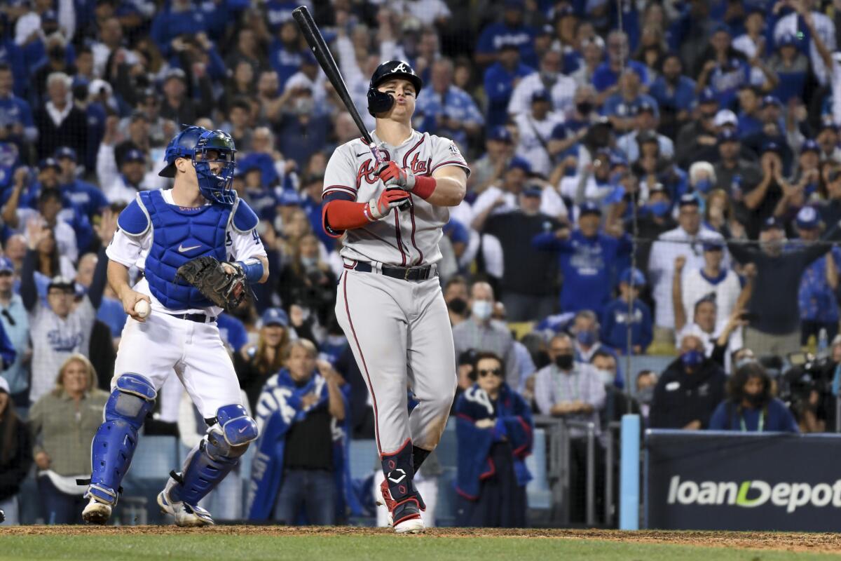 Los Angeles, CA - October 19: Atlanta Braves' Joc Pederson reacts after striking out during the ninth inning.