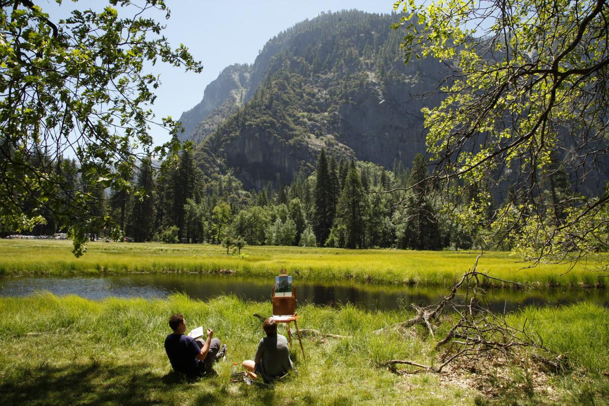 A pair of plein-air artists sketch and paint the beauty in Yosemite Valley from Cook's Meadow.