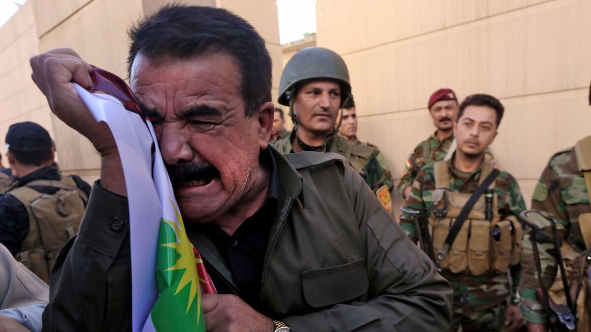 Iraqi Kurds take part in a demonstration outside the U.S. Consulate in Irbil, the capital of semiautonomous Iraqi Kurdistan, on Oct. 20, 2017.