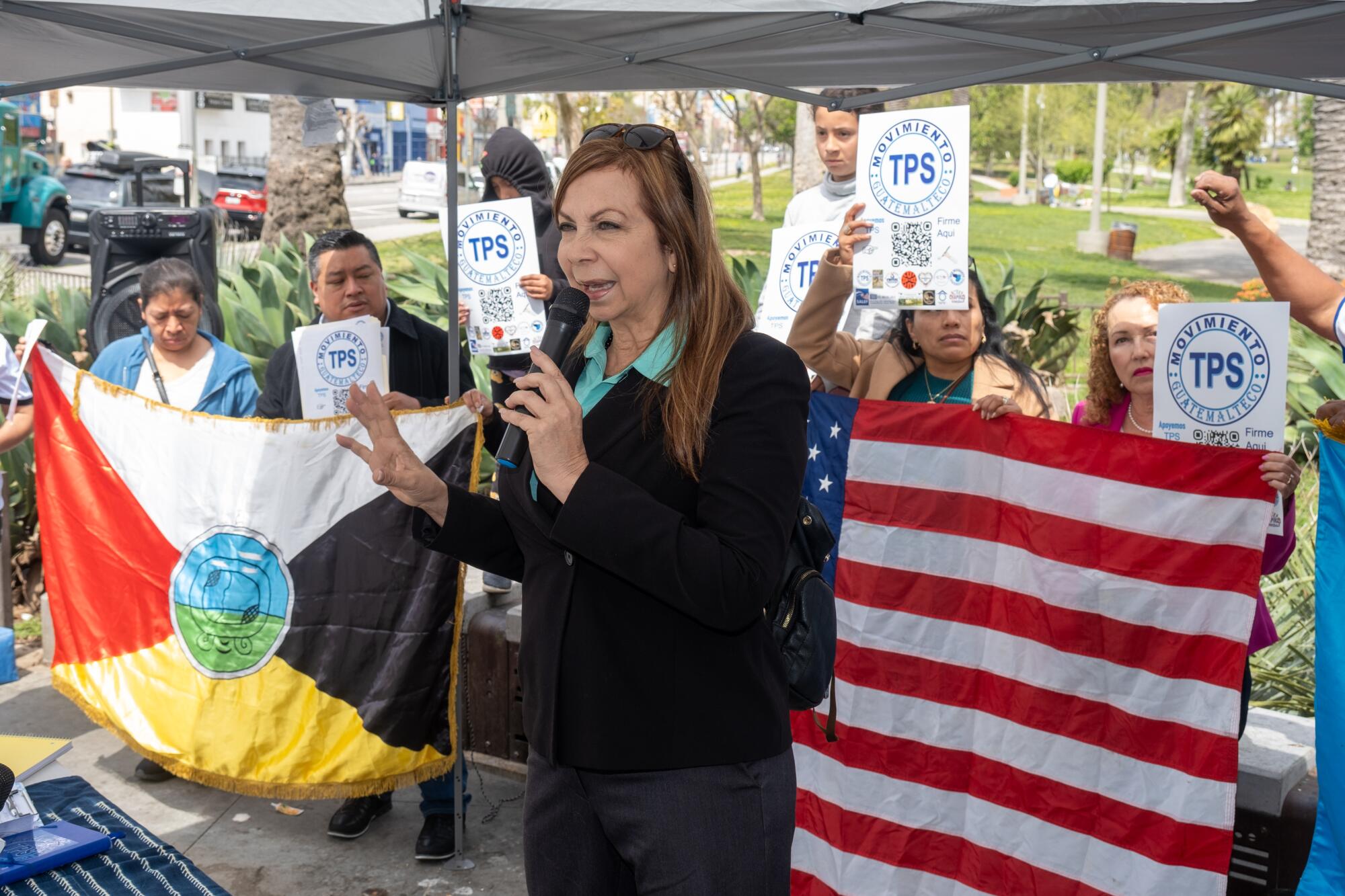 Los Angeles, CA - April 24: Meredith Brown speaks in a press conference demanding Temporary Protected St