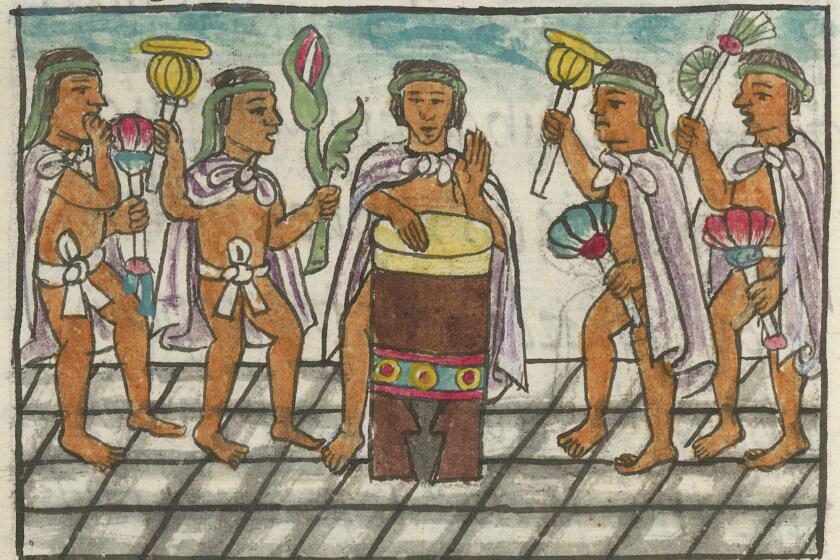 A 16th century colonial illustration shows a man in a cape drumming surrounded by four dancers, also in capes.