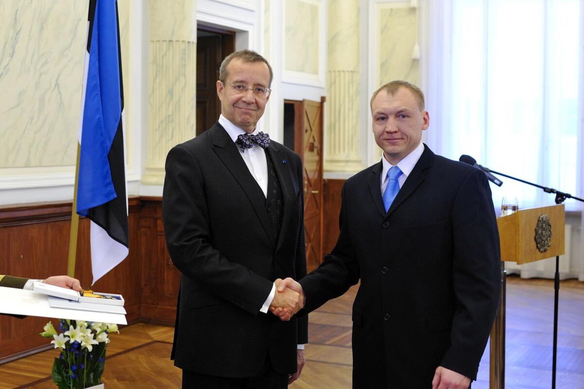 Estonian President Toomas Hendrik, left, with security official Eston Kohver, in 2010. Kohver was arrested Sept. 5 by Russian secret service agents in what Estonian officials say was an illegal abduction.