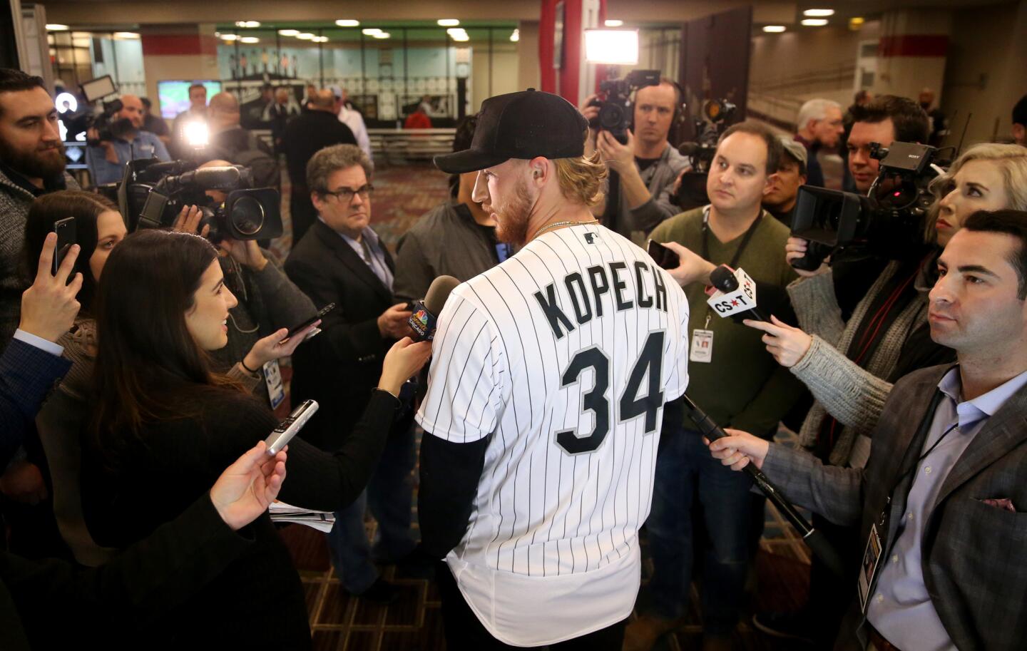White Sox pitcher Michael Kopech speaks to reporters during the first day of SoxFest at the Hilton Chicago on Friday, January 25, 2019.