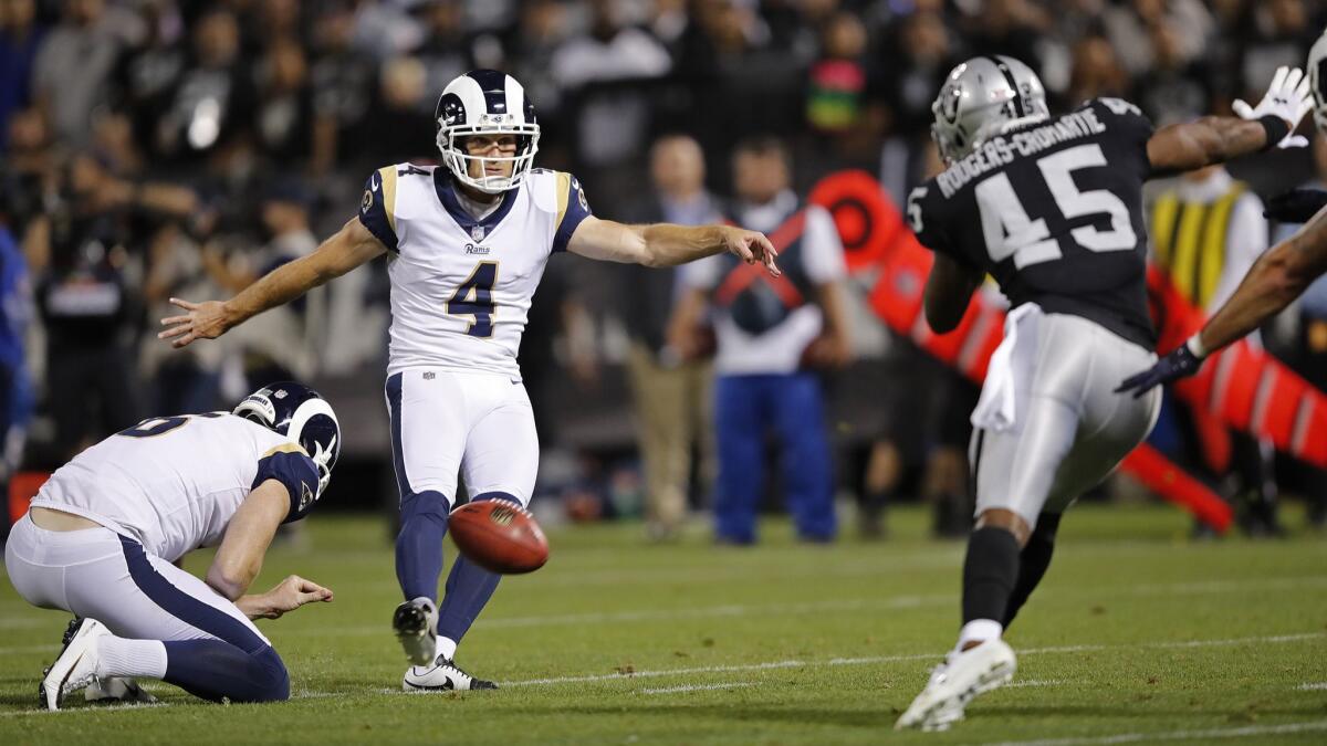 Greg Zuerlein (4), kicking against Oakland on Sept. 10, is expected to rejoin the Rams on Sunday against the San Francisco 49ers after sitting out five games because of a groin injury.