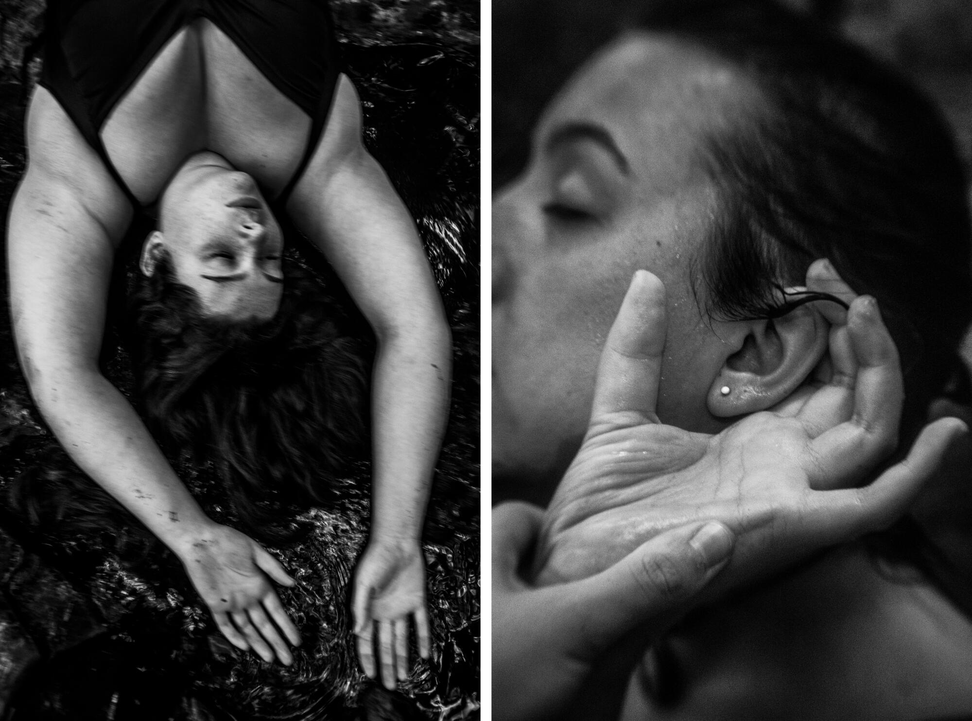 A diptych of two photos. On left, a woman lies in a stream of water. On right, a woman cups her ear.