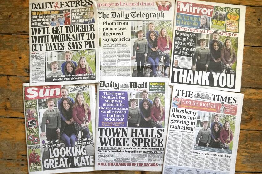A montage of British newspapers that lead with the image of Kate, Princess of Wales and her children is laid out in London, Monday, March 11, 2024. The Princess of Wales, apologized Monday for "confusion" caused by her altering of a family photo released by the palace — an image of Kate and her children that was intended to calm concern and speculation about the British royal's health, but had the opposite effect. Several news agencies that initially published the photo, including The Associated Press, withdrew the image over concerns about digital manipulation. (AP Photo/Alastair Grant)