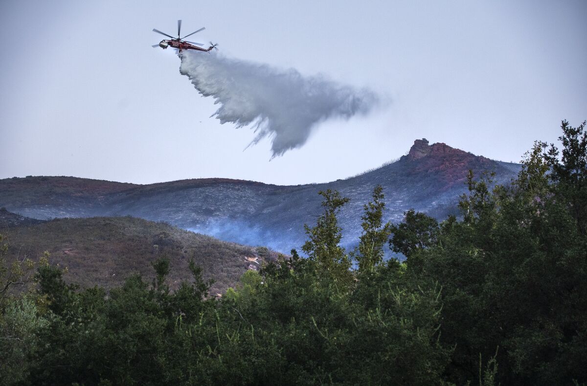 A water drop on the Martindale fire burning above Bouquet Canyon Road in the Angeles National Forest, north of Santa Clarita.