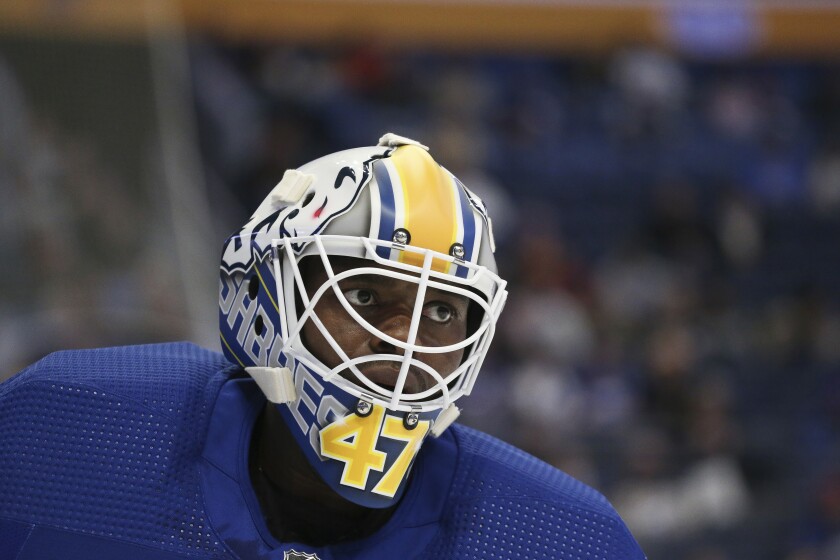 Buffalo Sabres goaltender Malcolm Subban (47) looks on during the second period of an NHL hockey game against the Tampa Bay Lightning on Tuesday, Jan. 11, 2022, in Buffalo, N.Y. (AP Photo/Joshua Bessex)
