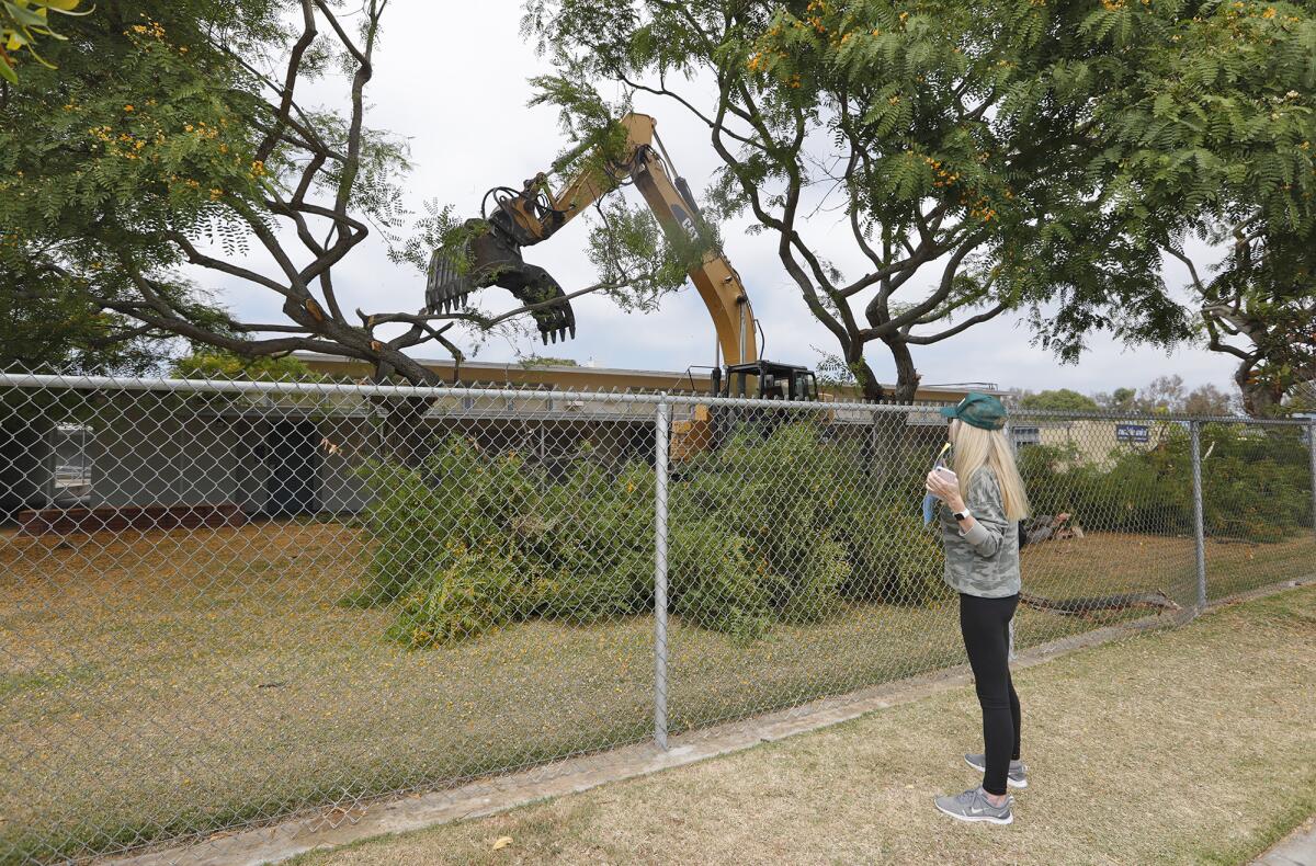 Resident Christine Salem watches a contractor remove trees at Ensign Intermediate School.