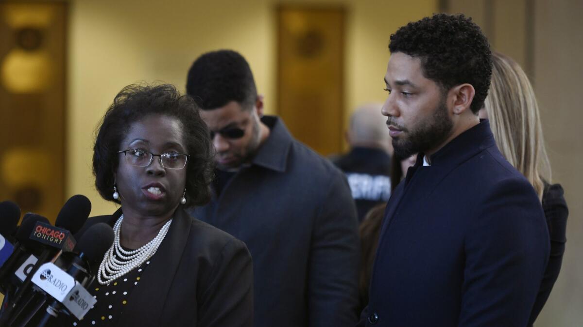 Actor Jussie Smollett, right, with his attorney Patrica Brown Holmes during a news conference on Tuesday.