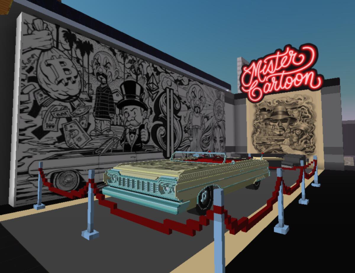 A view of the virtual gallery show displaying a voxel-made 1964 Chevy Impala by Mister Cartoon.