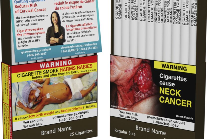 This image provided by Health Canada shows the final wording of six separate warnings that will be printed directly on individual cigarettes as Canada becomes the first in the world to take that step aimed at helping people quit the habit. The regulations take effect Aug. 1 and will be phased in. King-size cigarettes will be the first to feature the warnings and will be sold in stores by the end of July 2024, followed by regular-size cigarettes, and little cigars with tipping paper and tubes by the end of April 2025. (Health Canada/The Canadian Press via AP)
