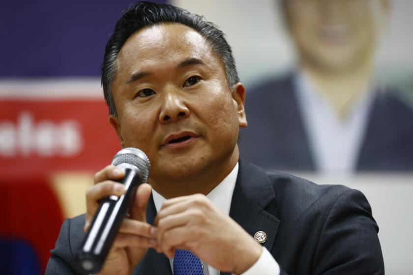 LOS ANGELES, CALIF. - MARCH 12: Los Angeles City Council District 12 candidate John Lee participate in a community forum hosted by the Korean American Federation of os Angeles (KAFLA) in Koreatown on Tuesday, March 12, 2019 in Los Angeles, Calif. The forum was moderated by Emile Mack, former Assistant Fire Cheap of the Los Angeles Fire Department. (Kent Nishimura / Los Angeles Times)