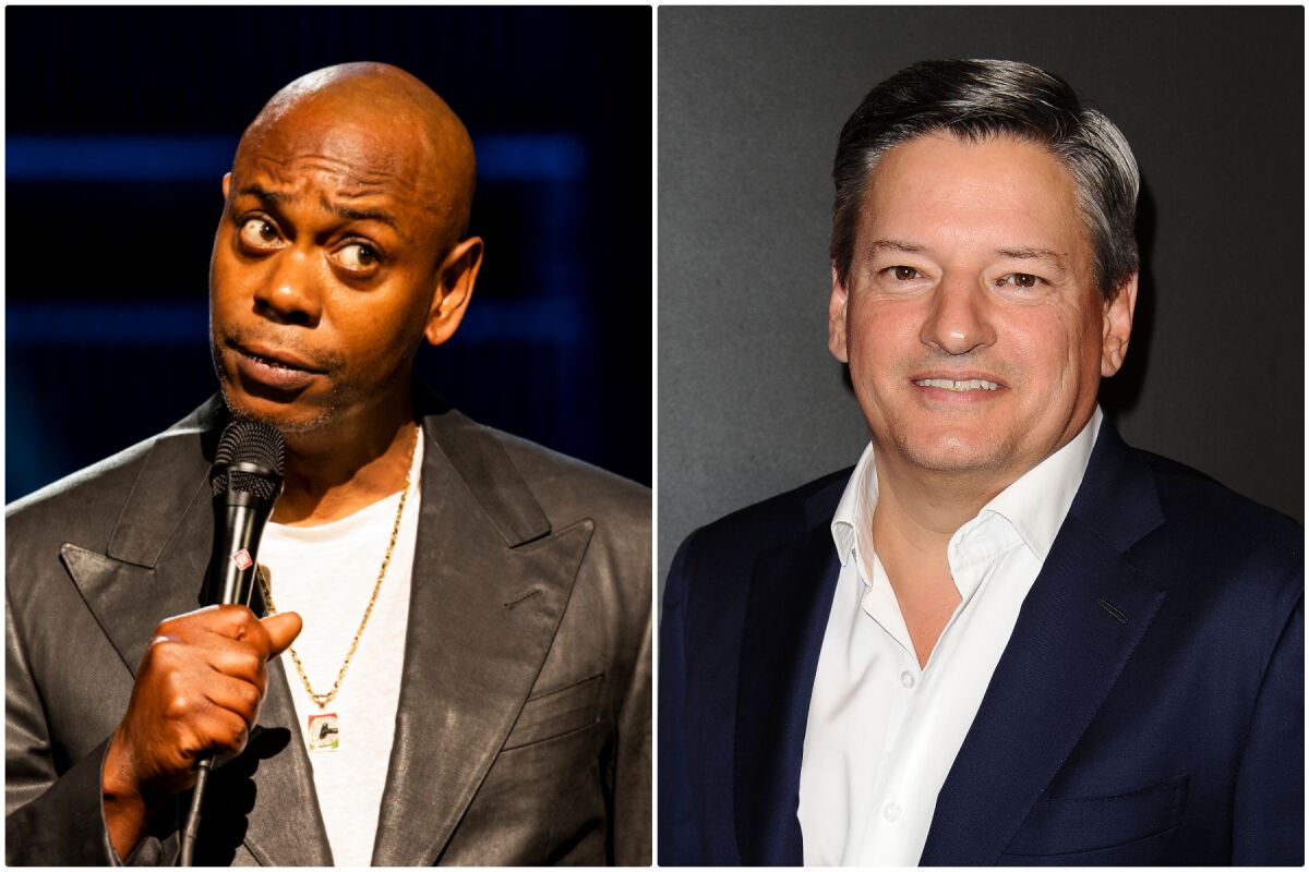 Dave Chappelle in Netflix's "The Closer," left, and Netflix co-CEO Ted Sarandos.