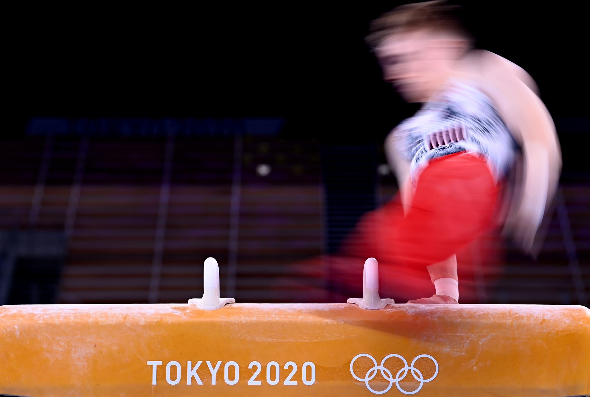 USA's Shane Wiskus competes on the pommel horse 