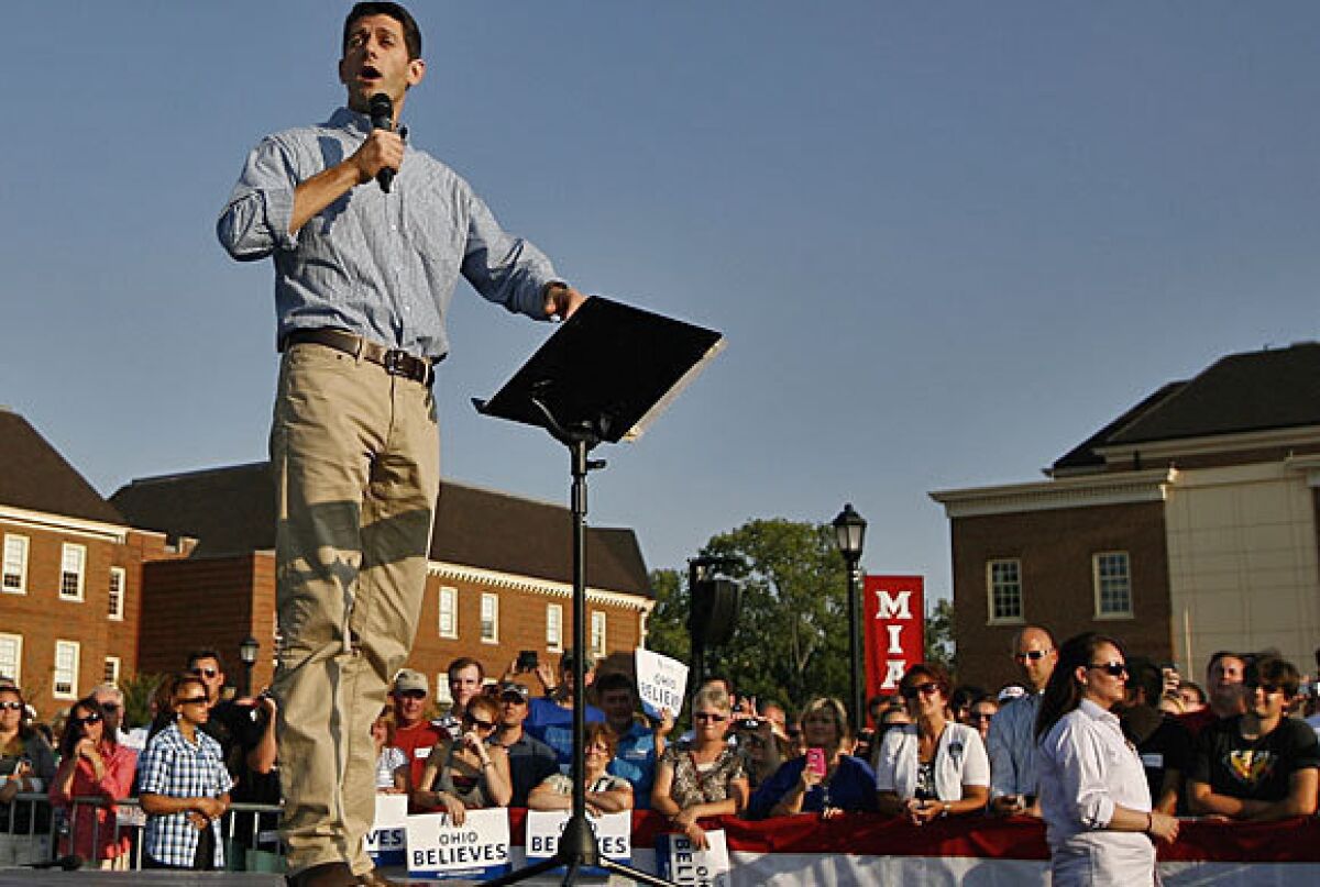 Republican vice presidential candidate Paul Ryan speaks at Miami University in Oxford, Ohio.