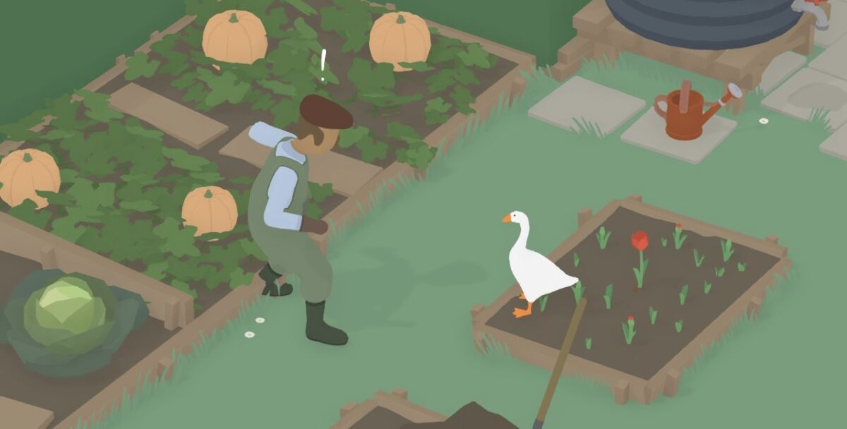 A screenshot of Untitled Goose Game, in which you play a goose that annoys people in an English village.