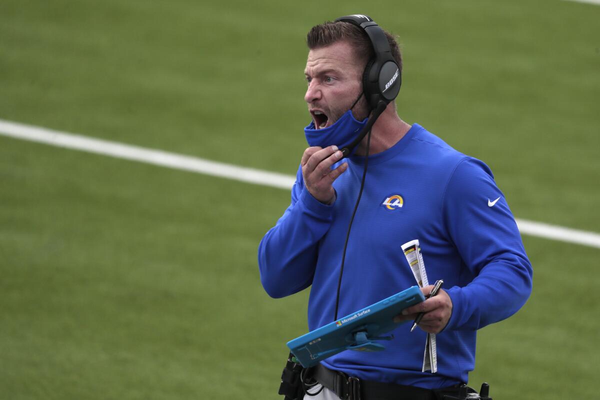 Rams head coach Sean McVay yells "great job" to the defense last season.
