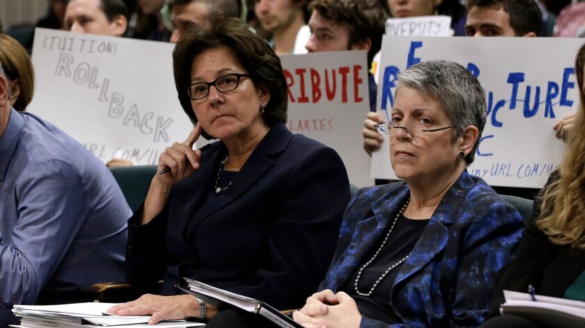 Ready for the hot seat: UC Regents Chair Monica Lozano, left, and UC President Janet Napolitano await their turn to respond to State Auditor Elaine Howle's report on the system administration during a legislative hearing Tuesday.