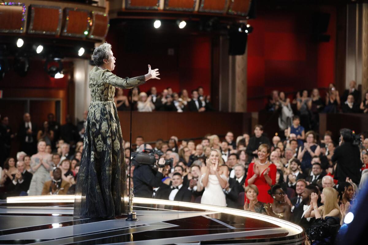 Frances McDormand onstage after winning the Oscar for lead actress at the 90th Academy Awards.