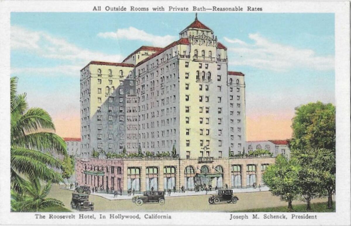 A vintage postcard showing the Hollywood Roosevelt Hotel 