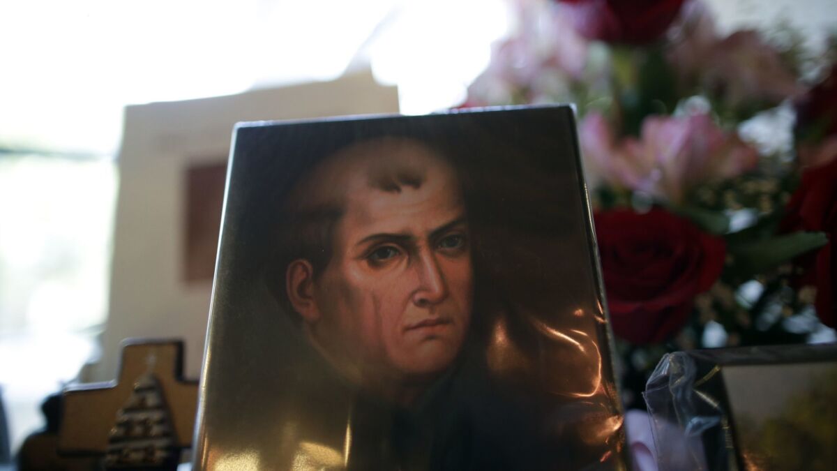 A portrait of Junipero Serra in the gift shop of the Mission San Diego de Acala in 2015.