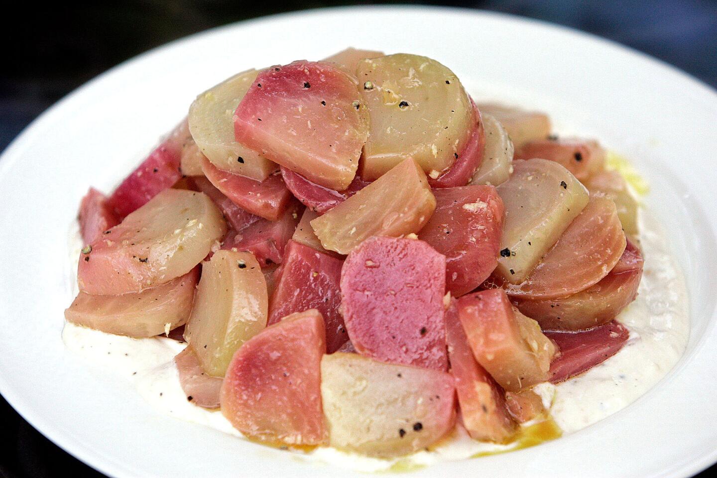 Chioggia beet salad with horseradish creme fraiche