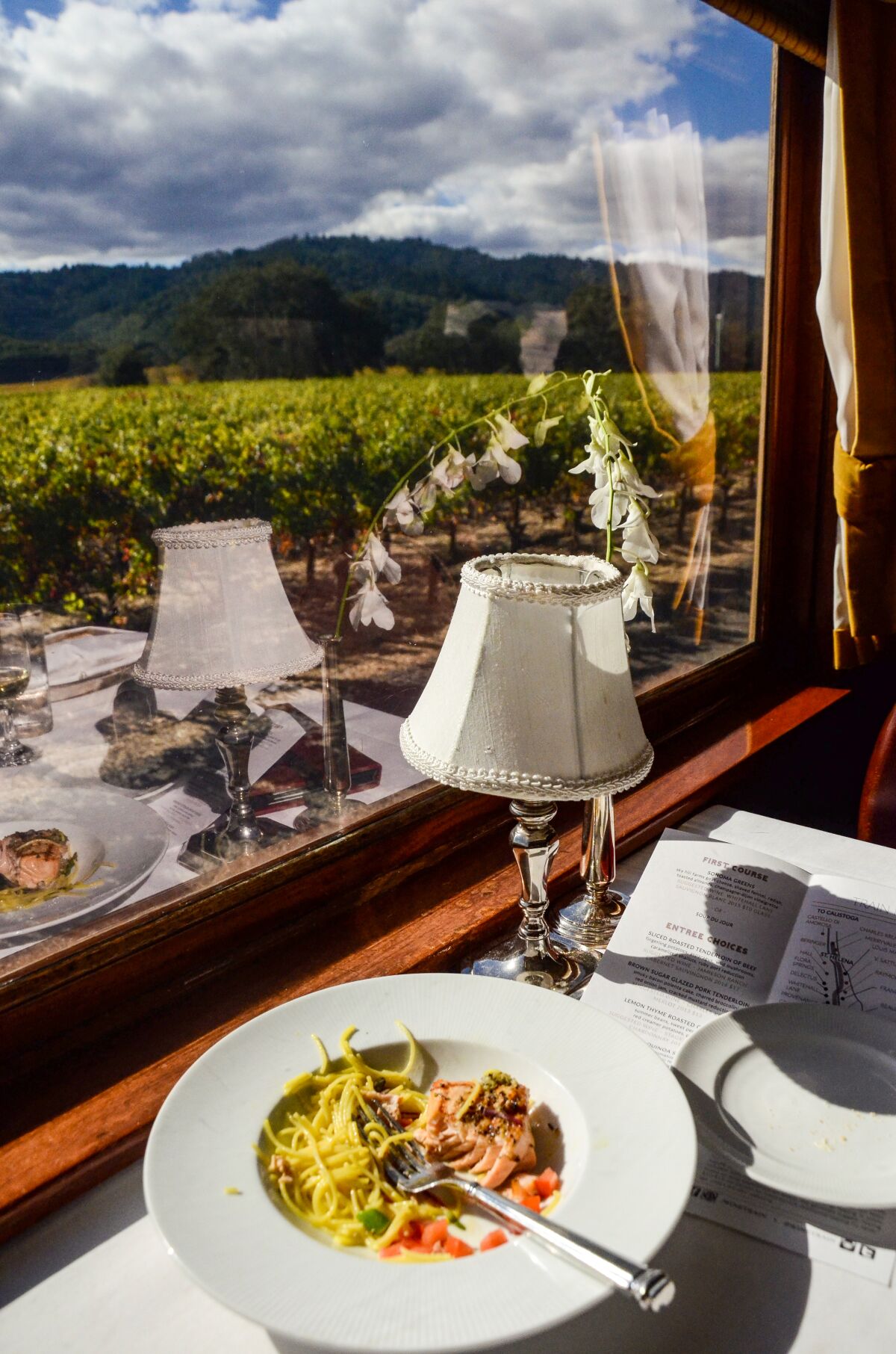 A plate of pasta and salmon sits on a table next to a small lamp and a train window with a view of mountains and sky.