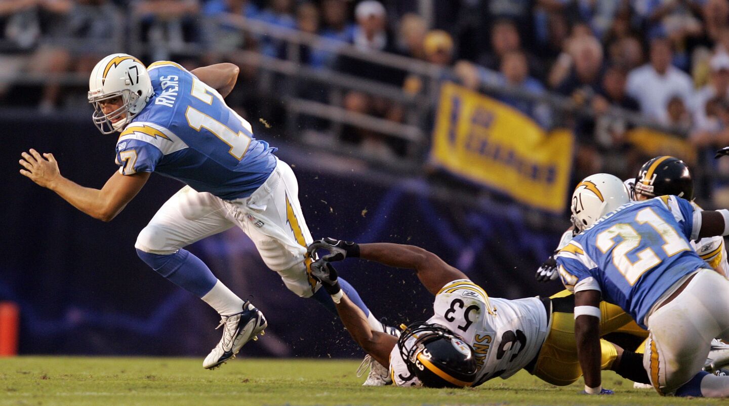 Chargers Philip Rivers scrambles during a Thursday Night Game against the Pittsburgh Steelers at Qualcomm Stadium on Oct. 8, 2006.