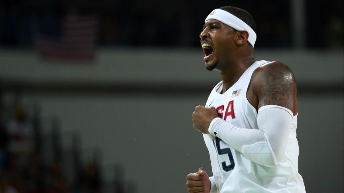 Carmelo Anthony reacts after a shot during the United States' 113-69 victory over Venezuela at the 2016 Summer Games in Rio de Janeiro.