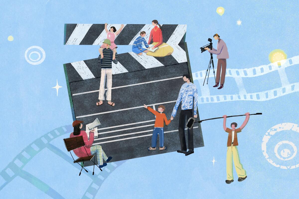 Illustration depicting family members working on films together