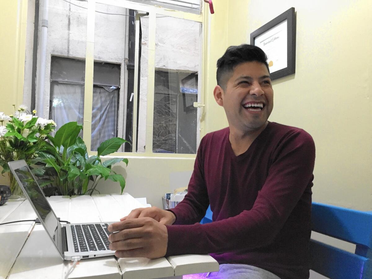 Bernardino Hernandez, who had lived in the U.S. illegally since age 2, returned to Mexico and became an entrepreneur. His UC Davis diploma hangs on the wall behind him.