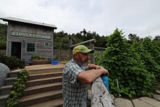 Laguna Beach, CA - August 10: Scott Tenney, owner of Bluebird Canyon Farms, overlooks his farm that sits on an ancient landslide zone in Laguna Beach's Bluebird Canyon. He bought the land knowing the risks, and regularly has to find solutions to keep the soil from eroding and the land from shifting. Some solutions include a gravity wall, cribbing systems to keep structures in place, drainage systems, etc. Photo taken at Bluebird Canyon Farms in Laguna Beach Thursday, Aug. 10, 2023. (Allen J. Schaben / Los Angeles Times)