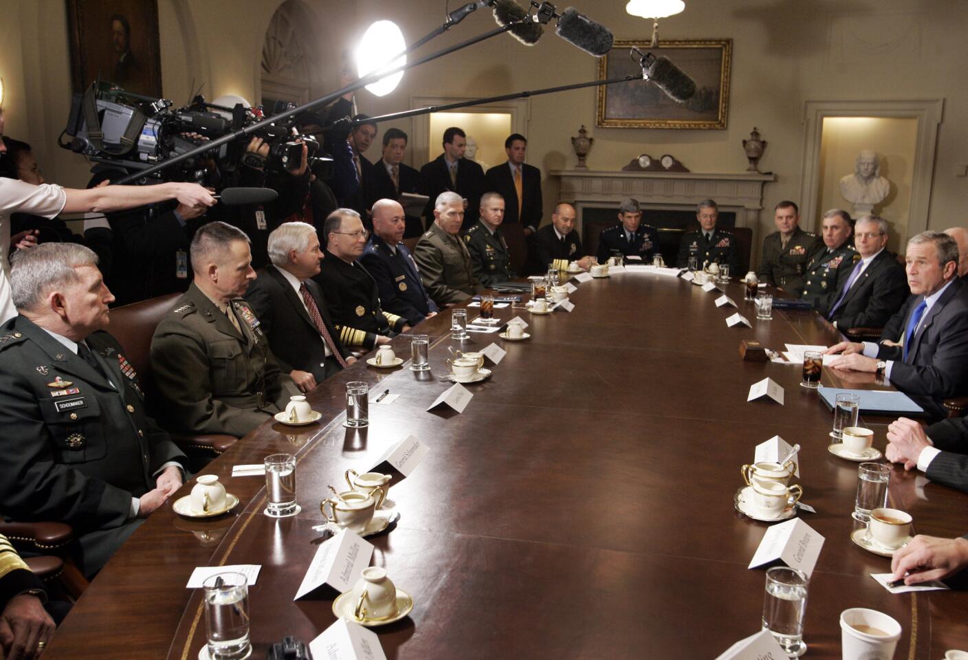 President George W. Bush meets with the Joint Chiefs, combatant commanders and the press