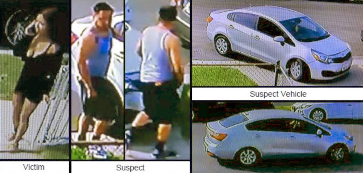 A photo of a woman talking on her cellphone, followed by photos of a man who kidnapped the woman and the car he used.