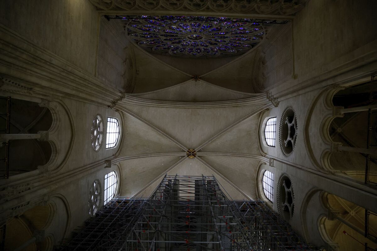 Scaffolding in the nave of the Notre Dame Cathedral.