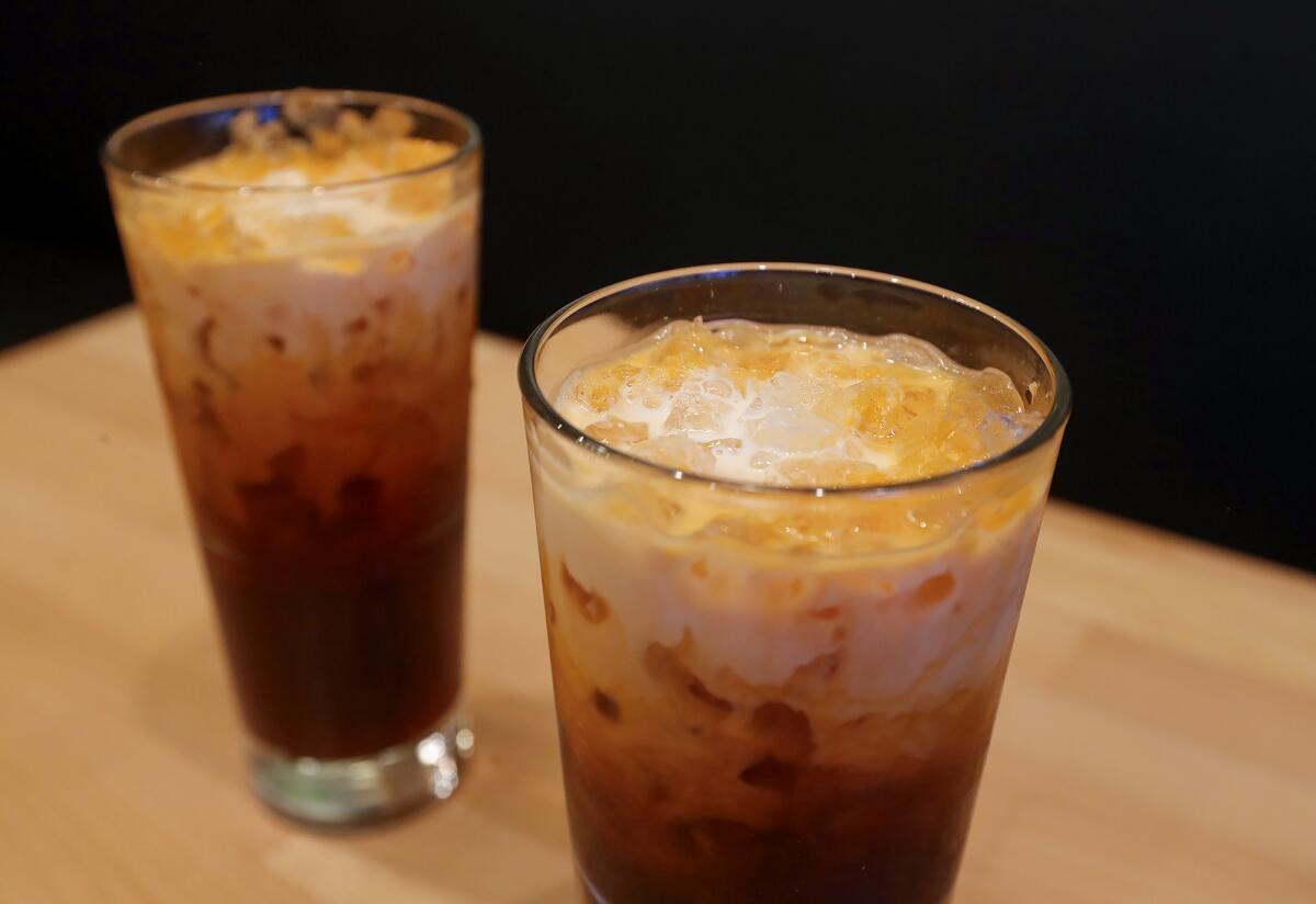 Classic Thai iced tea floats at the traditional Thai comfort food restaurant Manaao in Tustin.