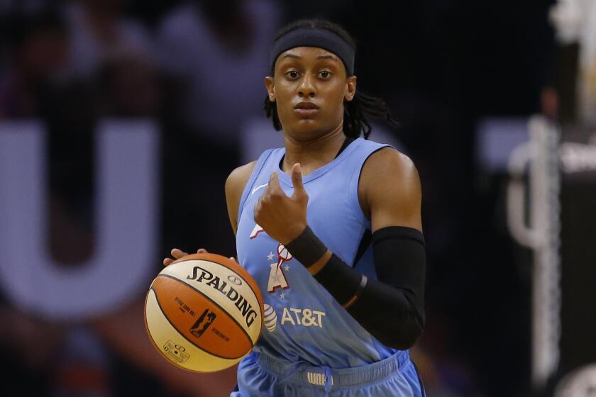 Atlanta Dream guard Brittney Sykes (7) during a WNBA basketball game against the Phoenix Mercury, Friday, Aug. 16, 2019, in Phoenix. (AP Photo/Rick Scuteri)