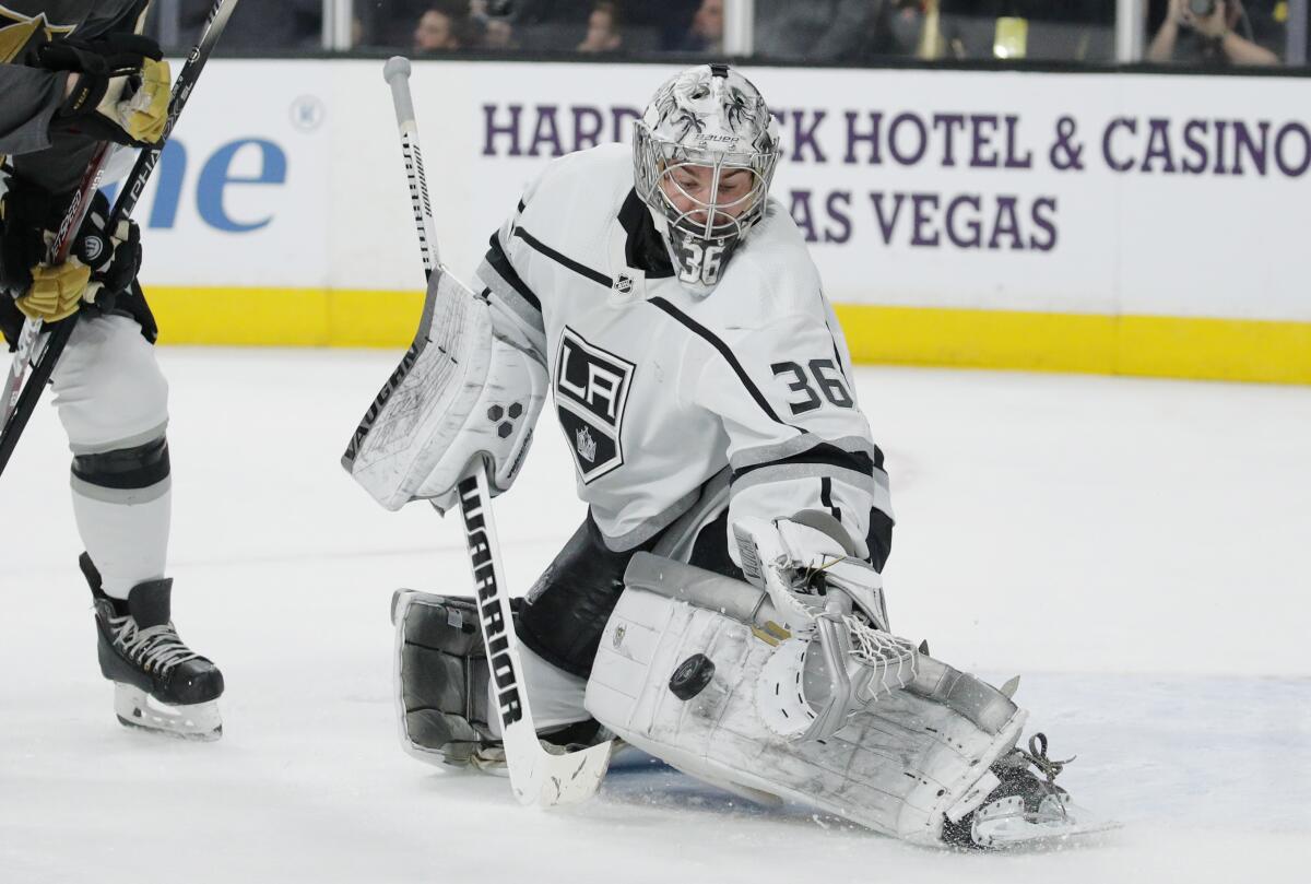 Kings goaltender Jack Campbell blocks a shot by the Vegas Golden Knights during the second period on Thursday in Las Vegas.