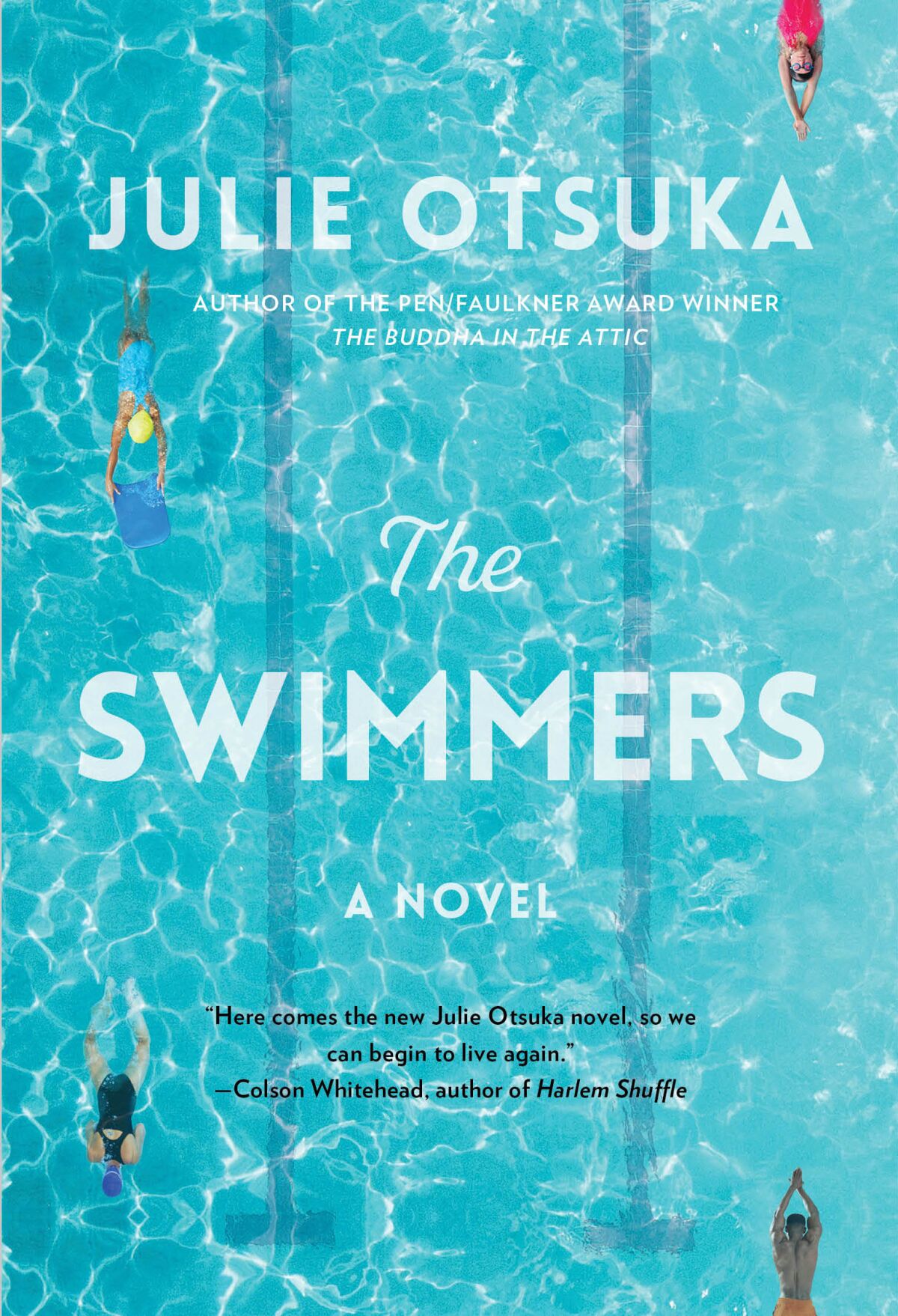 A book cover shows an aerial shot of a pool and four people swimming in lanes 