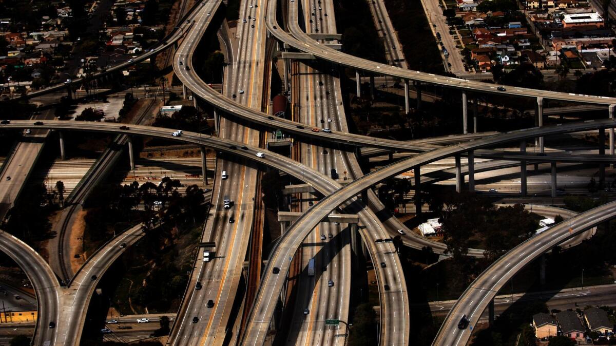 An aerial view in 2014 of the Judge Harry Pregerson Interchange, where the 110 and the 105 meet.