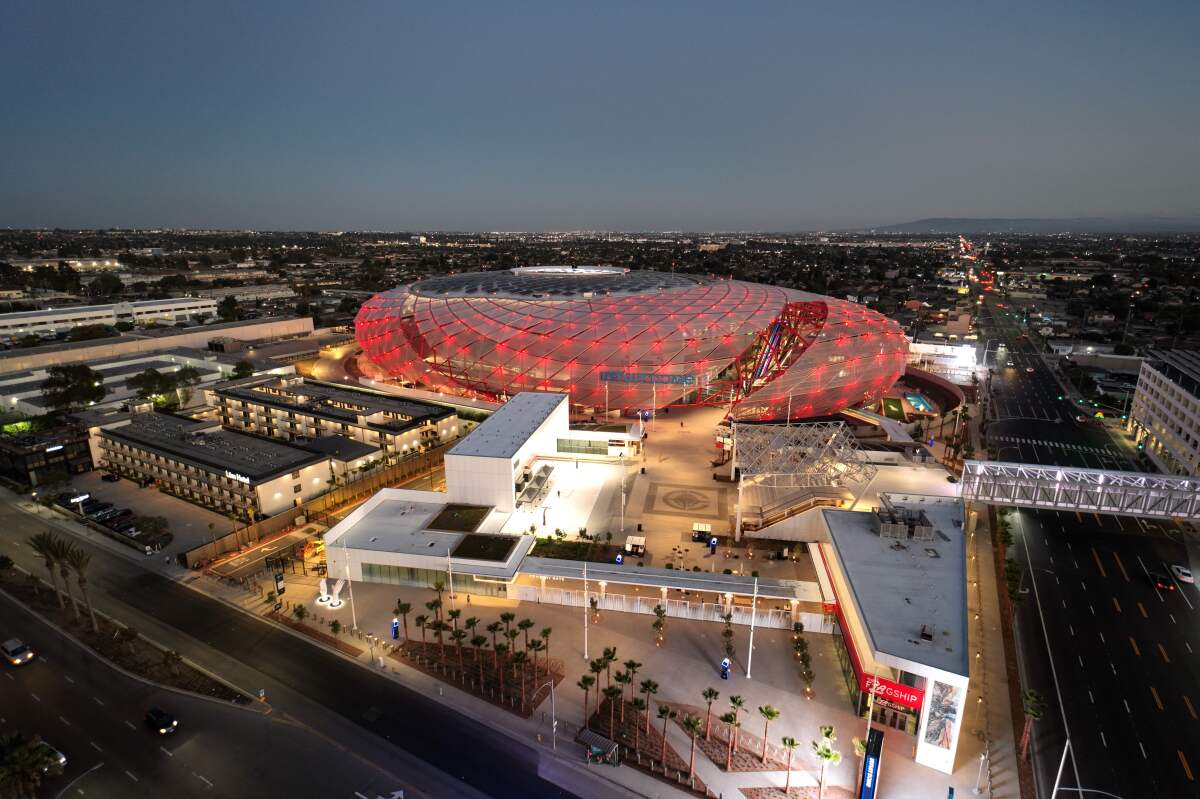 A drone image showing the Clippers' new arena, the Intuit Dome.