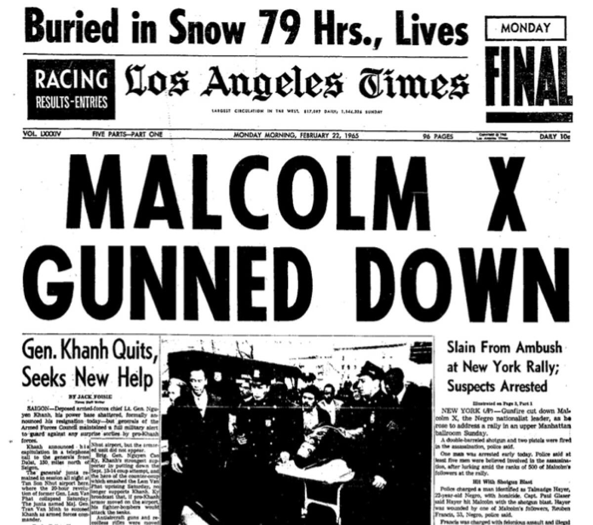 The front page of the Feb. 22, 1965, edition of the Los Angeles Times announcing the assassination of Malcolm X. 